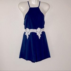 Navy Blue Lace Midsection Cage Back Romper
